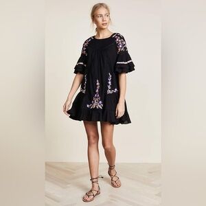 Free People Pavlo Black Embroidered Dress Boho Floral Ruffle Size XS